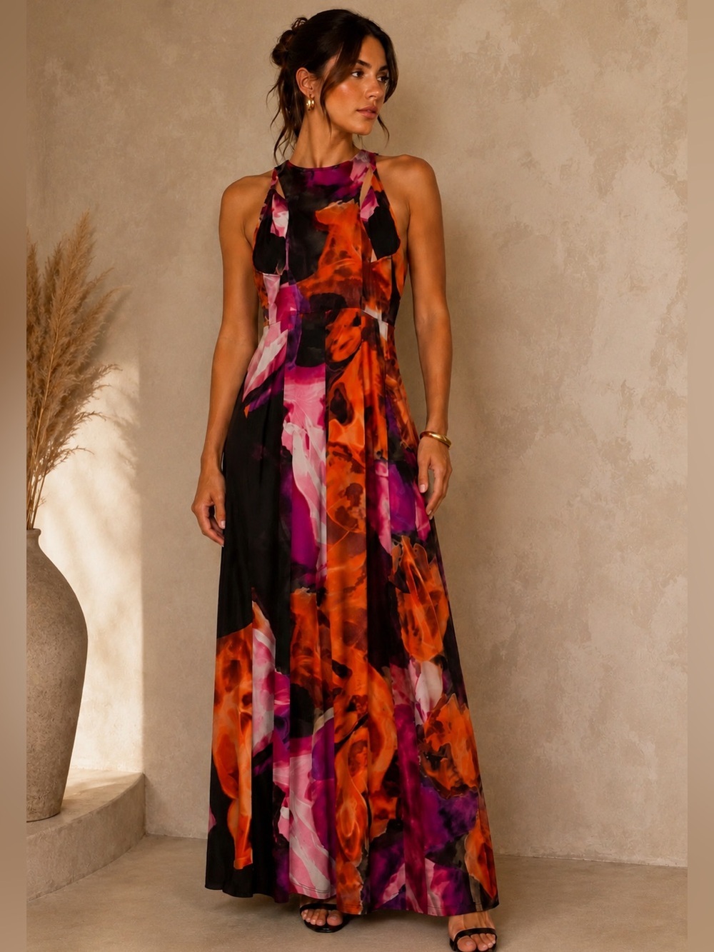 HeartSoul Halter Maxi Dress in Black, Orange & Magenta